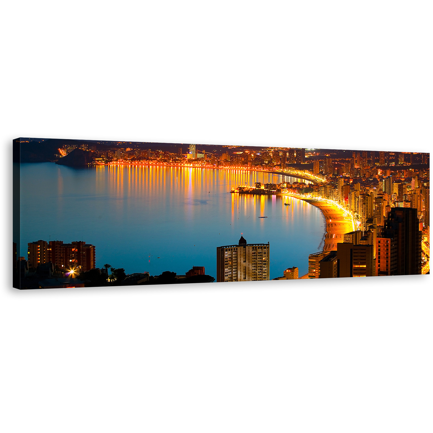 Benidorm Beach Canvas Print, Blue Night City Beach Wall Art, Beautiful Yellow Illuminated Coastline Panoramic Canvas