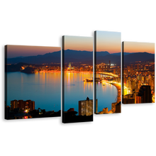 Load image into Gallery viewer, Benidorm City Canvas Wall Art, Beautiful Yellow Coastline Benidorm 4 Piece Multi Canvas, Amazing Blue Night City Beach Canvas Print
