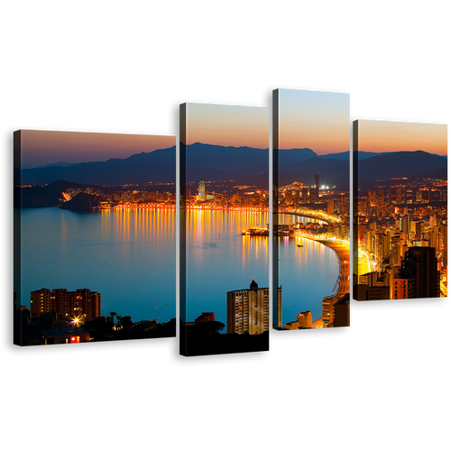 Benidorm City Canvas Wall Art, Beautiful Yellow Coastline Benidorm 4 Piece Multi Canvas, Amazing Blue Night City Beach Canvas Print