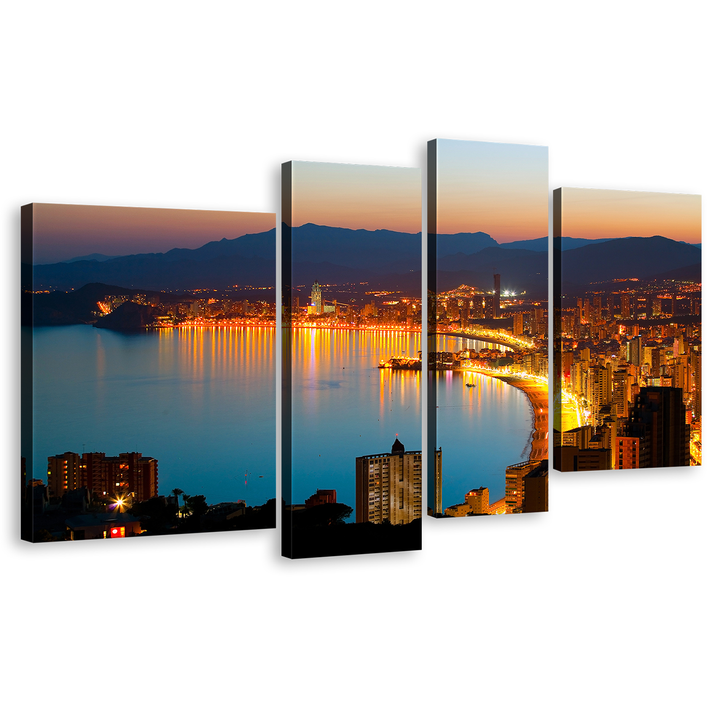 Benidorm City Canvas Wall Art, Beautiful Yellow Coastline Benidorm 4 Piece Multi Canvas, Amazing Blue Night City Beach Canvas Print