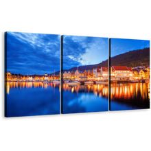 Load image into Gallery viewer, Bergen City Canvas Wall Art, Norway Blue Lake Cloudy Sky Triptych Multi Canvas Artwork, Orange Boats Houses City Reflection 3 Piece Canvas Print
