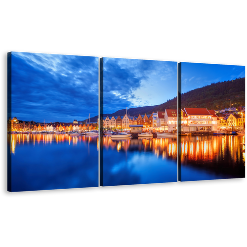 Bergen City Canvas Wall Art, Norway Blue Lake Cloudy Sky Triptych Multi Canvas Artwork, Orange Boats Houses City Reflection 3 Piece Canvas Print