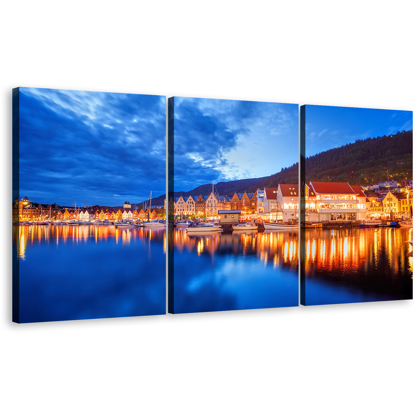 Bergen City Canvas Wall Art, Norway Blue Lake Cloudy Sky Triptych Multi Canvas Artwork, Orange Boats Houses City Reflection 3 Piece Canvas Print