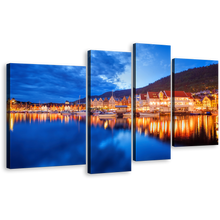 Load image into Gallery viewer, Bergen Houses Canvas Wall Art, Orange Boats Canal City Reflection 4 Piece Canvas Print, Blue Lake Clouds Sky Canvas Set, Bergan Street Norway Multi Canvas
