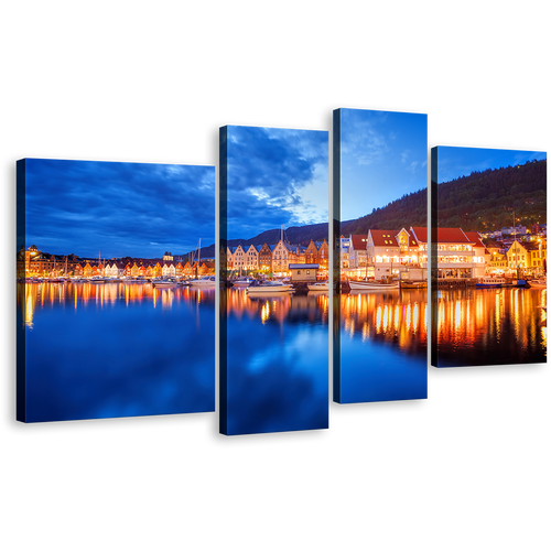 Bergen Houses Canvas Wall Art, Orange Boats Canal City Reflection 4 Piece Canvas Print, Blue Lake Clouds Sky Canvas Set, Bergan Street Norway Multi Canvas