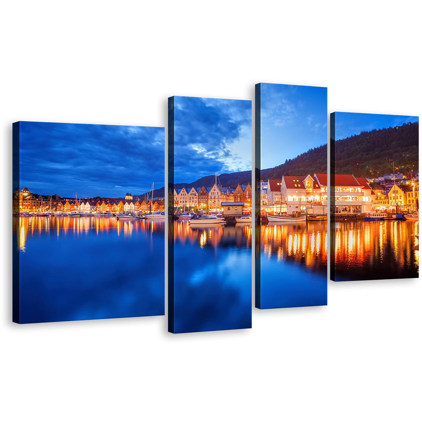 Bergen Houses Canvas Wall Art, Orange Boats Canal City Reflection 4 Piece Canvas Print, Blue Lake Clouds Sky Canvas Set, Bergan Street Norway Multi Canvas