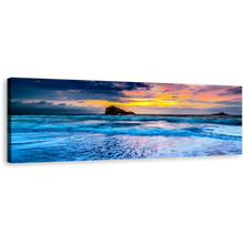 Load image into Gallery viewer, Biarritz Ocean Canvas Wall Art, Blue Ocean Waves Wide Canvas, Cloudy Yellow Sky Ocean 1 Piece Canvas Print
