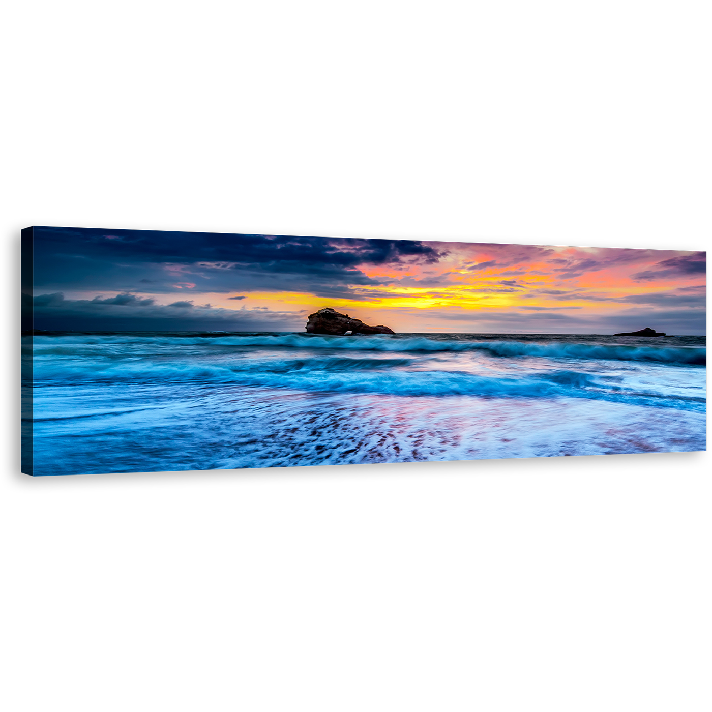 Biarritz Ocean Canvas Wall Art, Blue Ocean Waves Wide Canvas, Cloudy Yellow Sky Ocean 1 Piece Canvas Print