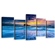 Load image into Gallery viewer, Biarritz Seascape Canvas Wall Art, Yellow Cloudy Sky Ocean Canvas Print, Blue Ocean Waves Sea 5 Piece Multi Canvas
