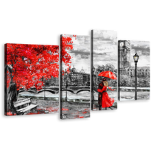 Load image into Gallery viewer, Big Ben Canvas Wall Art, Cloudy Grey Sky Clock Tower 4 Piece Multi Canvas, London Red Tree Umbrella Couple Canvas Print
