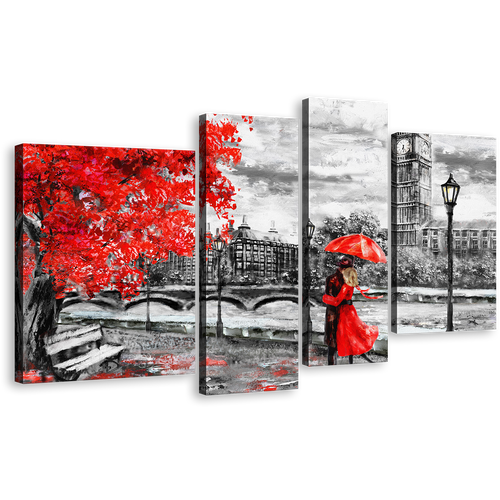 Big Ben Canvas Wall Art, Cloudy Grey Sky Clock Tower 4 Piece Multi Canvas, London Red Tree Umbrella Couple Canvas Print