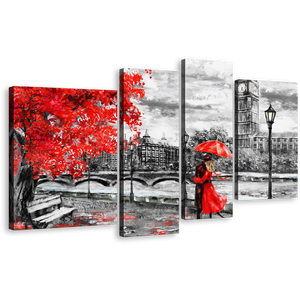 Big Ben Canvas Wall Art, Cloudy Grey Sky Clock Tower 4 Piece Multi Canvas, London Red Tree Umbrella Couple Canvas Print
