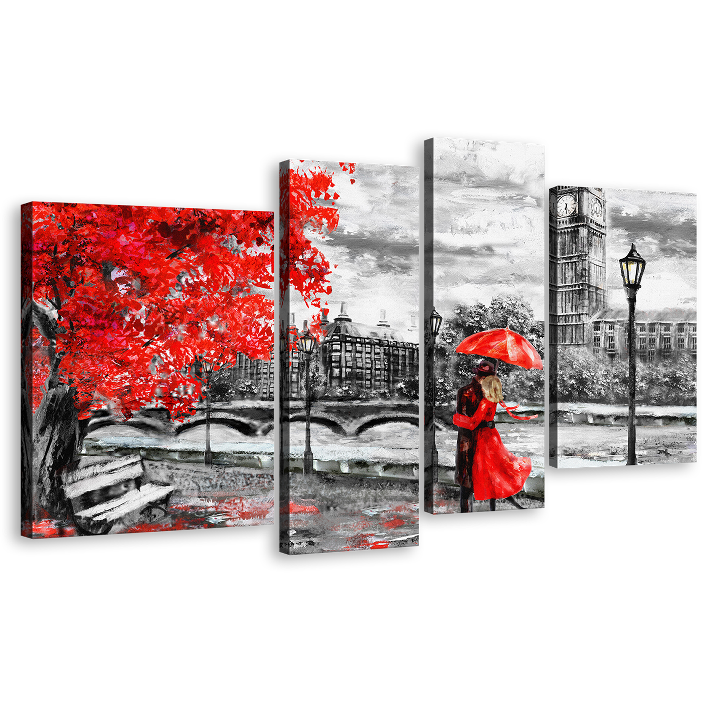 Big Ben Canvas Wall Art, Cloudy Grey Sky Clock Tower 4 Piece Multi Canvas, London Red Tree Umbrella Couple Canvas Print