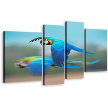 Load image into Gallery viewer, Bird Flying Canvas Print, Blue Parrot Flying 4 Piece Canvas Wall Art, Colorful Exotic Parrot Canvas Set
