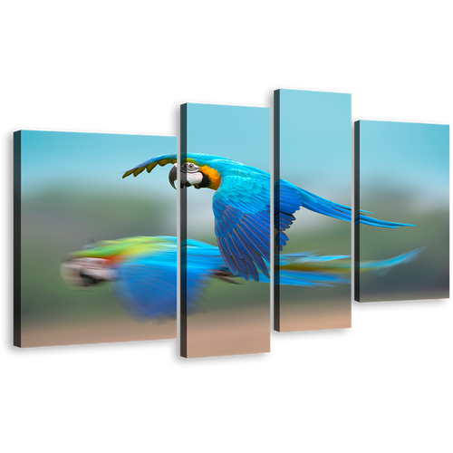 Bird Flying Canvas Print, Blue Parrot Flying 4 Piece Canvas Wall Art, Colorful Exotic Parrot Canvas Set