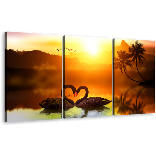 Bird Romance Canvas Wall Art, Black Swans Swimming in Lake 3 Piece Canvas Print, Orange Sunset Love Swan Canvas Set