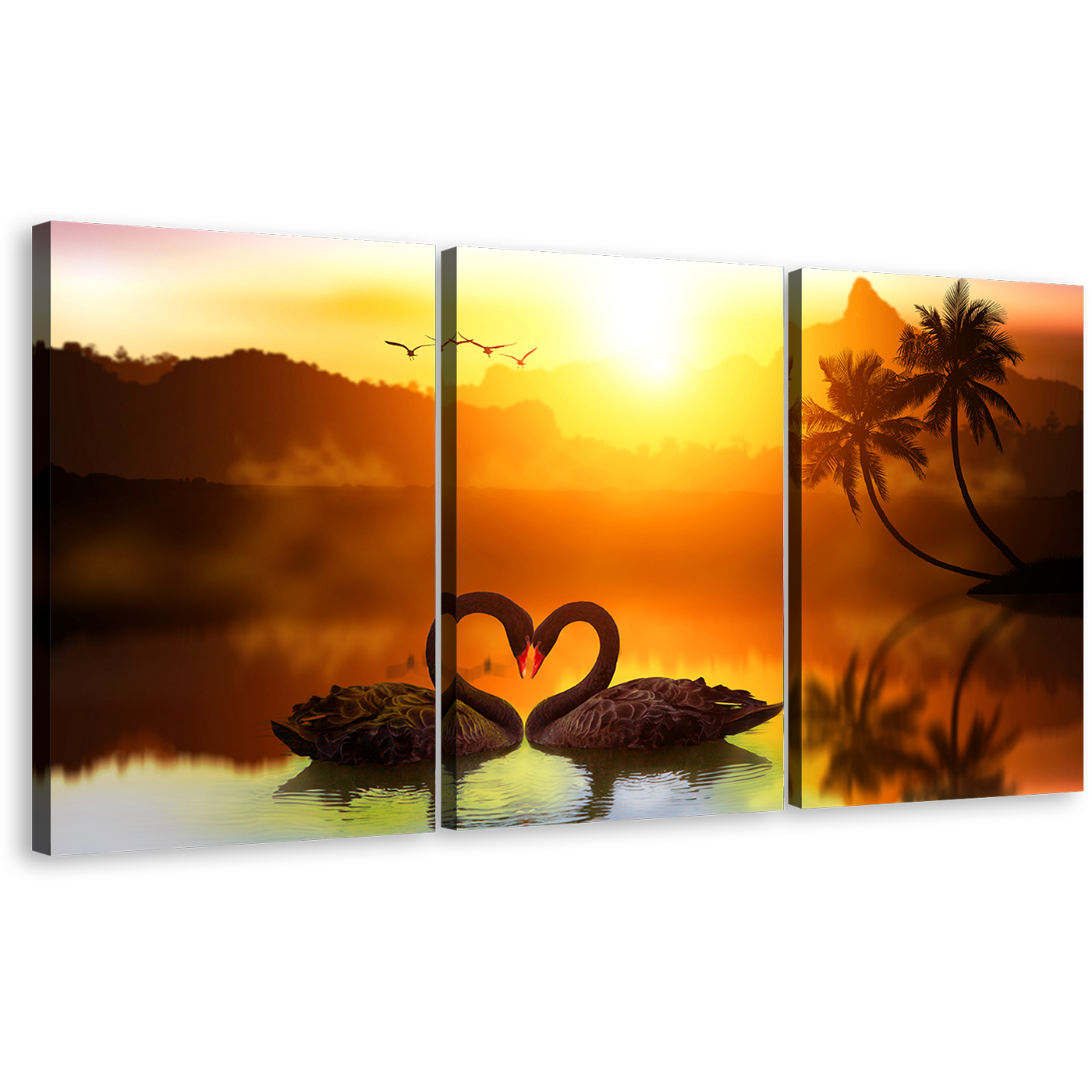 Bird Romance Canvas Wall Art, Black Swans Swimming in Lake 3 Piece Canvas Print, Orange Sunset Love Swan Canvas Set