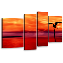 Load image into Gallery viewer, Bird Sea Canvas Print, Bird Silhouette Over Tobago Island 4 Piece Wall Art, Beautiful Red Orange Sunset Canvas Set
