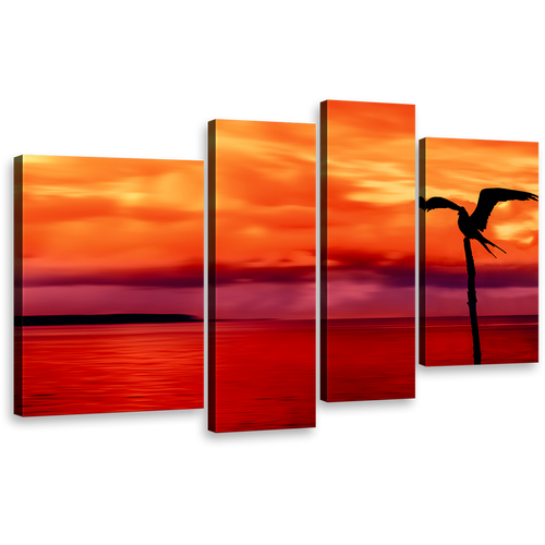 Bird Sea Canvas Print, Bird Silhouette Over Tobago Island 4 Piece Wall Art, Beautiful Red Orange Sunset Canvas Set