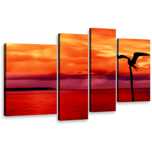 Bird Sea Canvas Print, Bird Silhouette Over Tobago Island 4 Piece Wall Art, Beautiful Red Orange Sunset Canvas Set