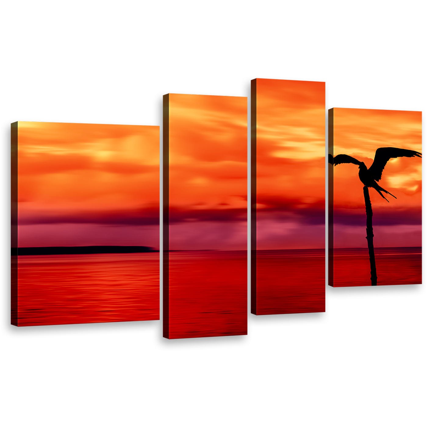 Bird Sea Canvas Print, Bird Silhouette Over Tobago Island 4 Piece Wall Art, Beautiful Red Orange Sunset Canvas Set