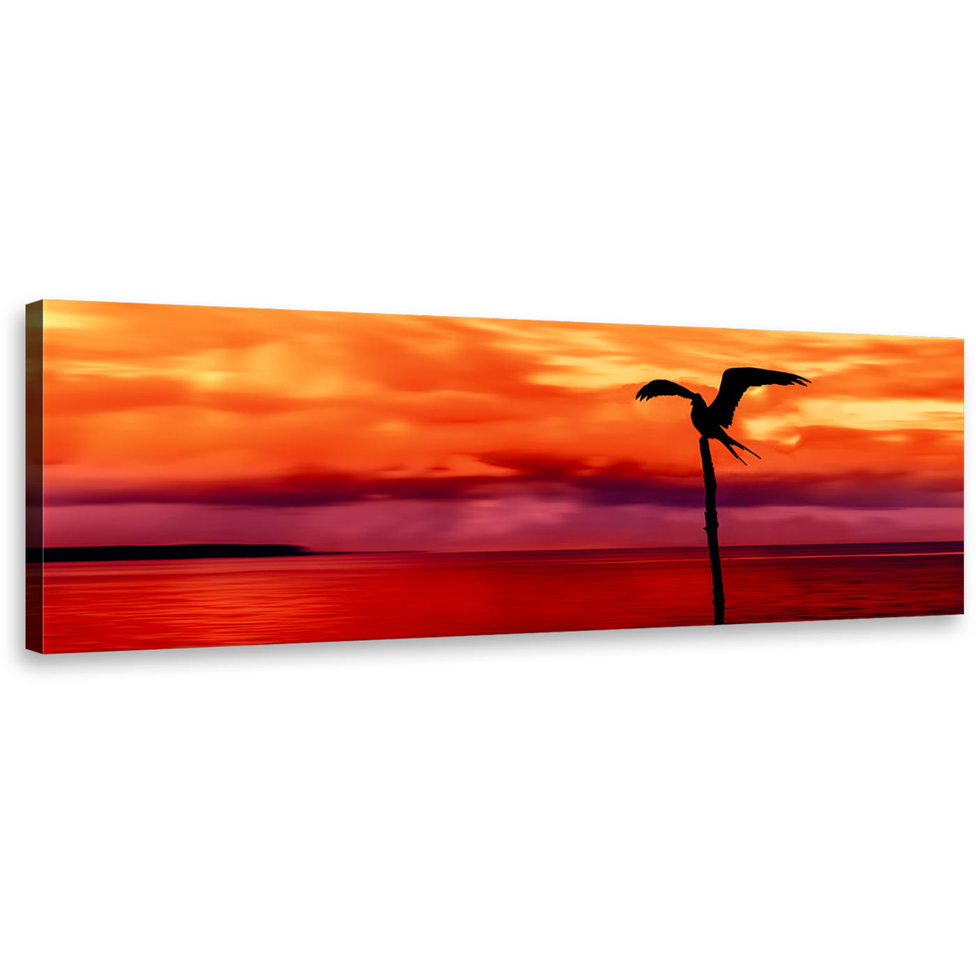 Bird Silhouette Canvas Print, Tobago Island Red Sea Wall Art, Beautiful Orange Sky Bird Panoramic 1 Piece Canvas Art