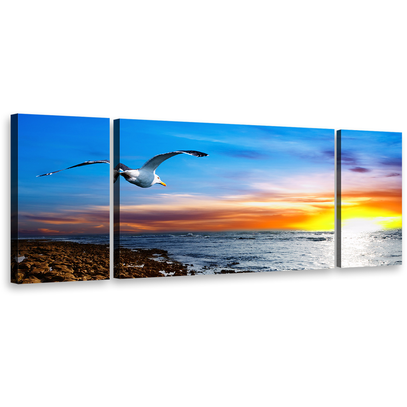 Bird Sunset Wall Art, Dramatic Clouds in Orange Sky Canvas Print, Blue Sky Bird Soaring Triptych Canvas Set