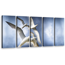 Load image into Gallery viewer, Birds Ascend Wall Art, Majestic White Dove Soaring Canvas Multi-panel Print, Blue Sky Birds 5 Piece Canvas Print
