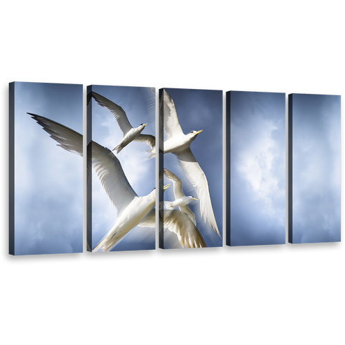 Birds Ascend Wall Art, Majestic White Dove Soaring Canvas Multi-panel Print, Blue Sky Birds 5 Piece Canvas Print