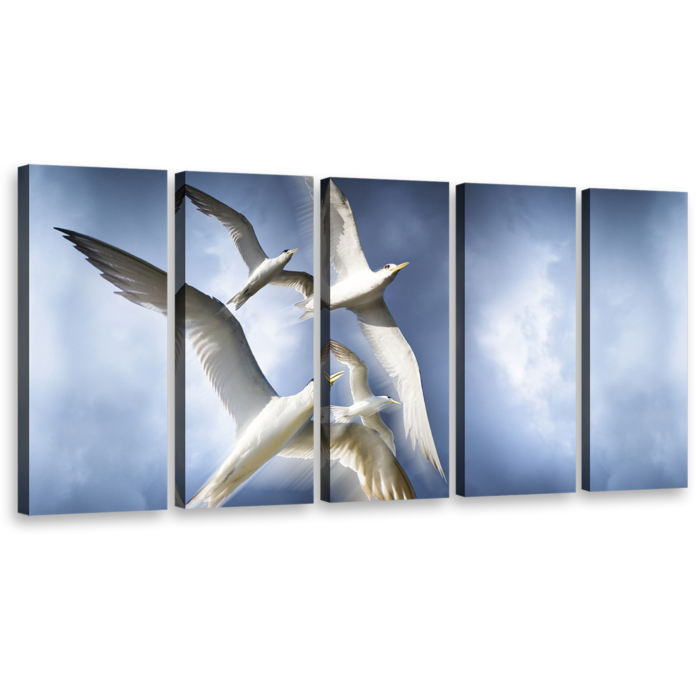 Birds Ascend Wall Art, Majestic White Dove Soaring Canvas Multi-panel Print, Blue Sky Birds 5 Piece Canvas Print