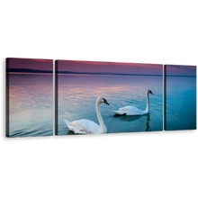 Load image into Gallery viewer, Birds Couple Canvas Print, Balaton Blue Lake Swans 3 Piece Wall Art, Beautiful White Mute Swans Swimming Canvas Set
