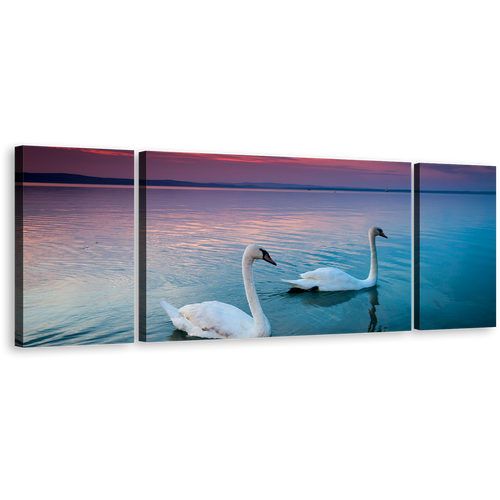 Birds Couple Canvas Print, Balaton Blue Lake Swans 3 Piece Wall Art, Beautiful White Mute Swans Swimming Canvas Set