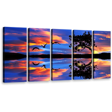 Load image into Gallery viewer, Birds Lake Canvas Print, Blue Sky Flying Birds 5 Piece Wall Art, Orange Sunset Tree Reflection Canvas Set
