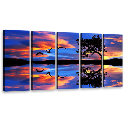 Birds Lake Canvas Print, Blue Sky Flying Birds 5 Piece Wall Art, Orange Sunset Tree Reflection Canvas Set