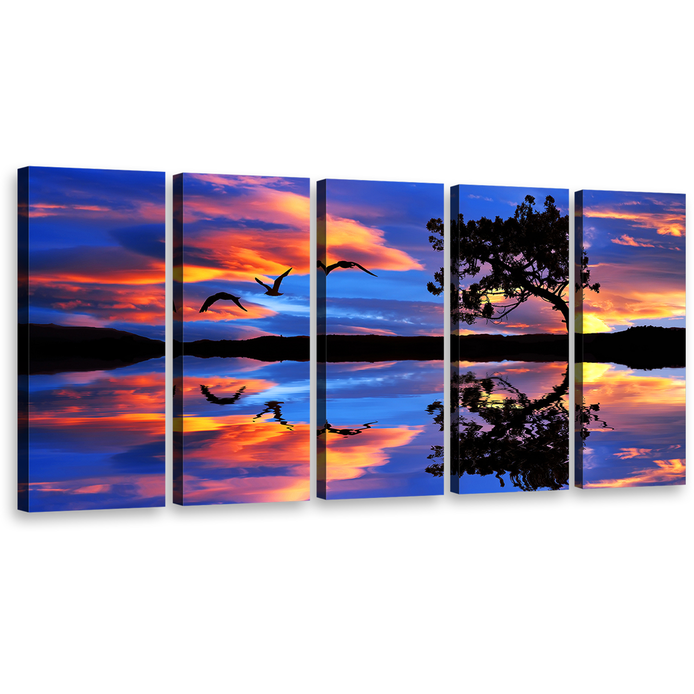 Birds Lake Canvas Print, Blue Sky Flying Birds 5 Piece Wall Art, Orange Sunset Tree Reflection Canvas Set