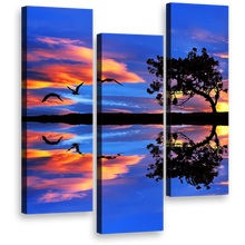 Load image into Gallery viewer, Birds Silhouetted Canvas Print, Blue Lake Sunset Reflection 3 Piece Canvas Set, Beautiful Orange Sky Flying Birds Wall Art
