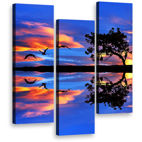 Birds Silhouetted Canvas Print, Blue Lake Sunset Reflection 3 Piece Canvas Set, Beautiful Orange Sky Flying Birds Wall Art