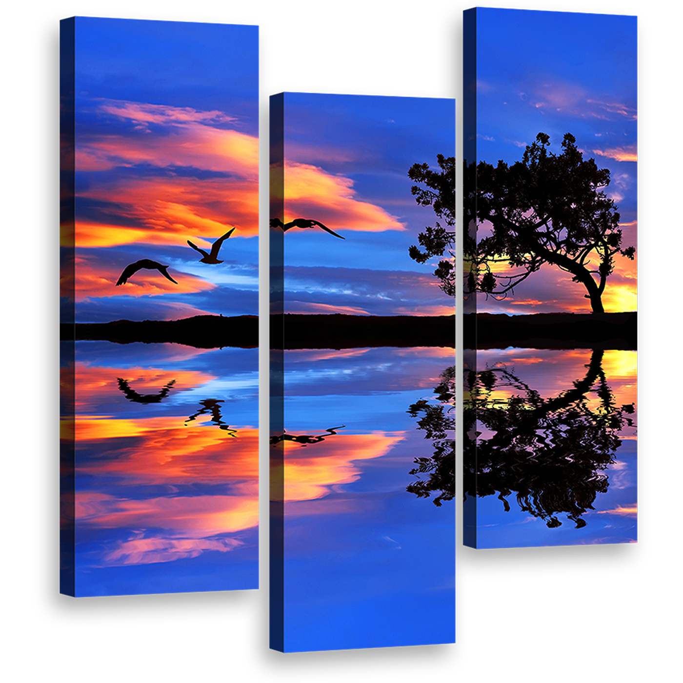 Birds Silhouetted Canvas Print, Blue Lake Sunset Reflection 3 Piece Canvas Set, Beautiful Orange Sky Flying Birds Wall Art