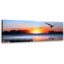 Load image into Gallery viewer, Birds Silhouettes Canvas Wall Art, Blue Sky Lake Trees Reflection Canvas Print, Orange Sunset Bird Flying Panorama Canvas
