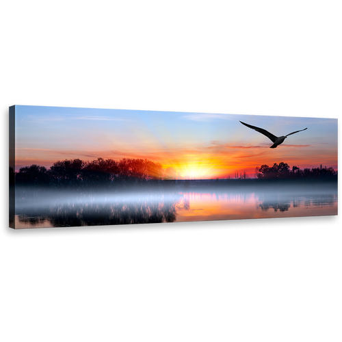 Birds Silhouettes Canvas Wall Art, Blue Sky Lake Trees Reflection Canvas Print, Orange Sunset Bird Flying Panorama Canvas