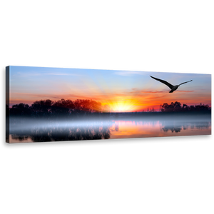 Birds Silhouettes Canvas Wall Art, Blue Sky Lake Trees Reflection Canvas Print, Orange Sunset Bird Flying Panorama Canvas