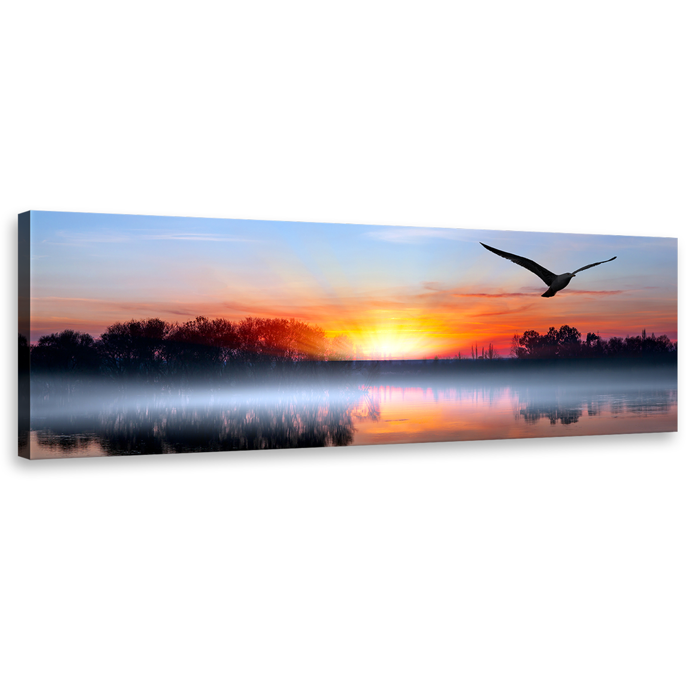 Birds Silhouettes Canvas Wall Art, Blue Sky Lake Trees Reflection Canvas Print, Orange Sunset Bird Flying Panorama Canvas