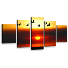 Load image into Gallery viewer, Birds Sunset Canvas Wall Art, Orange Sunset Birds Flock Canvas Print, Yellow Sky Flying Birds Silhouette 5 Piece Canvas
