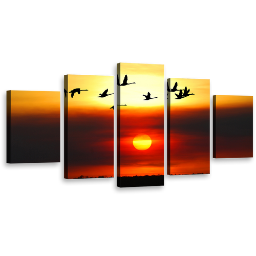 Birds Sunset Canvas Wall Art, Orange Sunset Birds Flock Canvas Print, Yellow Sky Flying Birds Silhouette 5 Piece Canvas