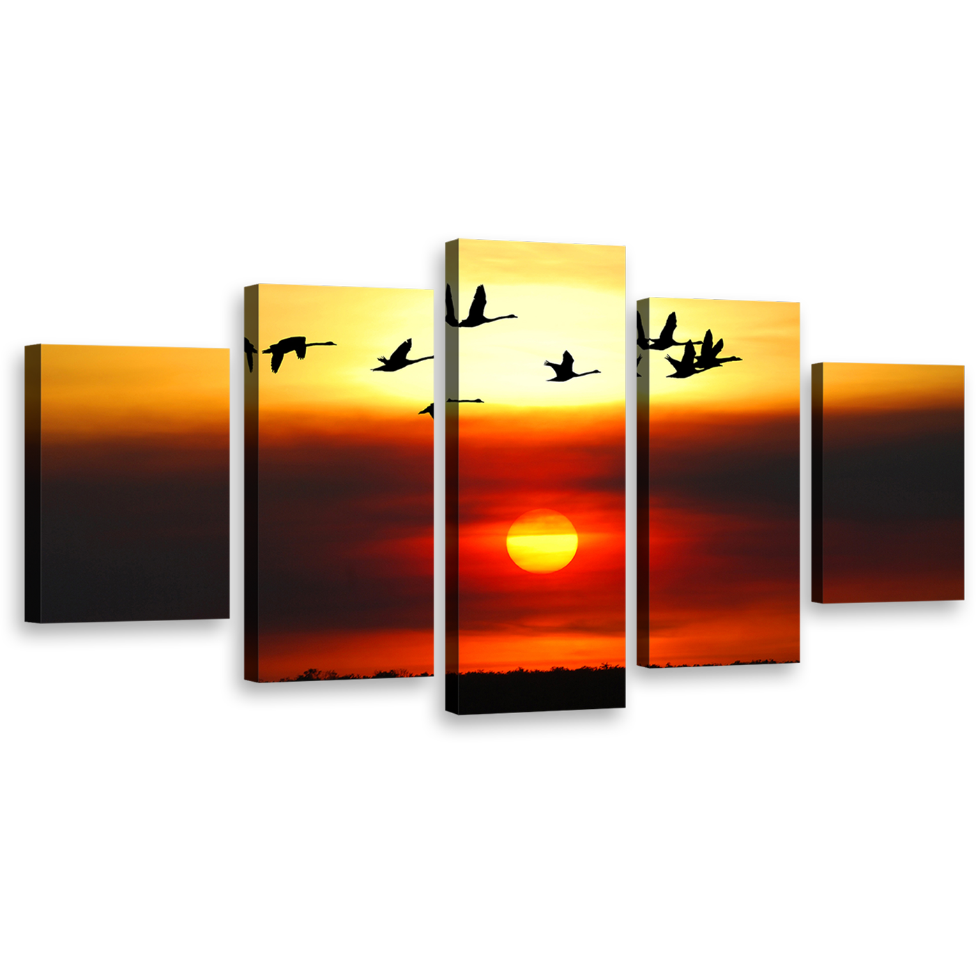 Birds Sunset Canvas Wall Art, Orange Sunset Birds Flock Canvas Print, Yellow Sky Flying Birds Silhouette 5 Piece Canvas