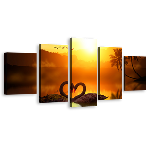 Black Swans Canvas Print, Swans Heart Reflected On Water Canvas Set, Black Swans Swimming 5 Piece Canvas Wall Art, Orange Sunset Multi Canvas