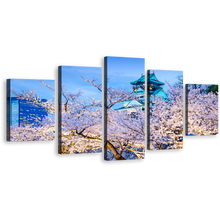 Load image into Gallery viewer, Blossom Trees Canvas Wall Art, Blue Osaka Castle 5 Piece Multi Canvas Artwork, Purple Autumn Trees Park Canvas Print
