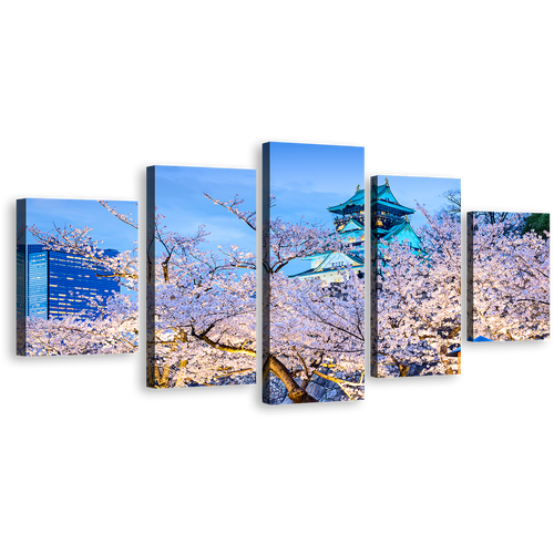 Blossom Trees Canvas Wall Art, Blue Osaka Castle 5 Piece Multi Canvas Artwork, Purple Autumn Trees Park Canvas Print