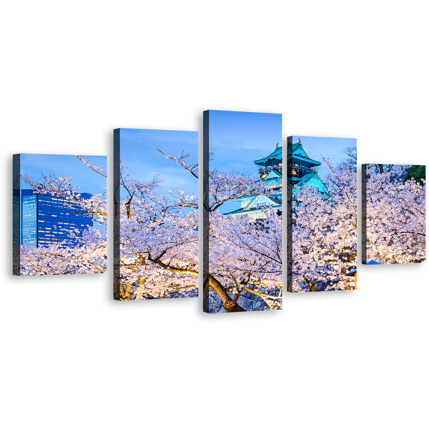 Blossom Trees Canvas Wall Art, Blue Osaka Castle 5 Piece Multi Canvas Artwork, Purple Autumn Trees Park Canvas Print