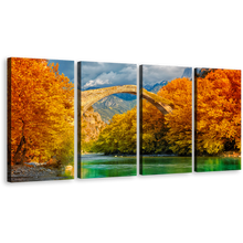 Load image into Gallery viewer, Blossom Trees Wall Art, Green Aoos River 4 Piece Canvas Print, Orange Greece Konitsa Bridge Landscape Multi Canvas
